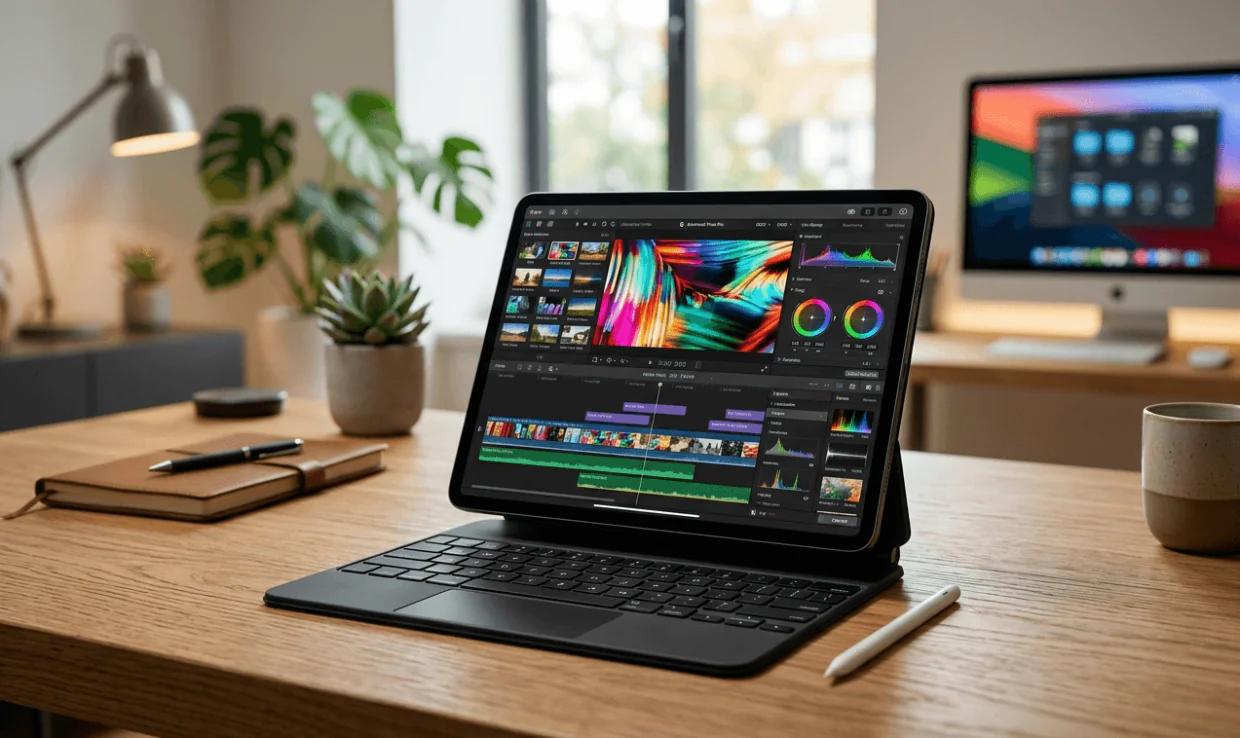 A photograph of an Apple iPad Pro (2025, M5 chip) with a Space Black Magic Keyboard on a wooden desk, displaying a complex professional video editing interface with multiple timelines and color curves. An Apple Pencil rests on the desk next to it. A desktop iMac is visible in the background with plants and a desk lamp.