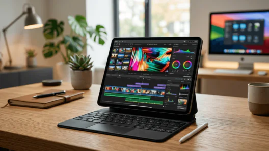 A photograph of an Apple iPad Pro (2025, M5 chip) with a Space Black Magic Keyboard on a wooden desk, displaying a complex professional video editing interface with multiple timelines and color curves. An Apple Pencil rests on the desk next to it. A desktop iMac is visible in the background with plants and a desk lamp.