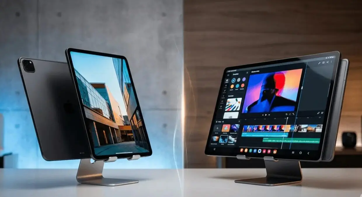 Apple iPad Pro M5 and Samsung Galaxy Tab S11 Ultra side by side comparison on professional desk stands.