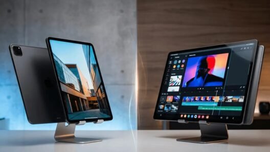 Apple iPad Pro M5 and Samsung Galaxy Tab S11 Ultra side by side comparison on professional desk stands.