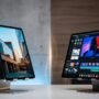 Apple iPad Pro M5 and Samsung Galaxy Tab S11 Ultra side by side comparison on professional desk stands.