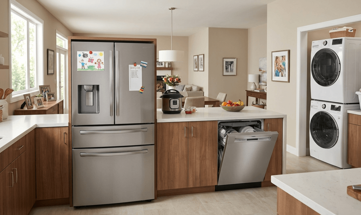 Modern family kitchen featuring a stainless steel French door refrigerator, open dishwasher, and stacked washer-dryer set.