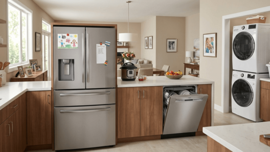 Modern family kitchen featuring a stainless steel French door refrigerator, open dishwasher, and stacked washer-dryer set.