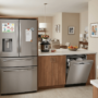 Modern family kitchen featuring a stainless steel French door refrigerator, open dishwasher, and stacked washer-dryer set.