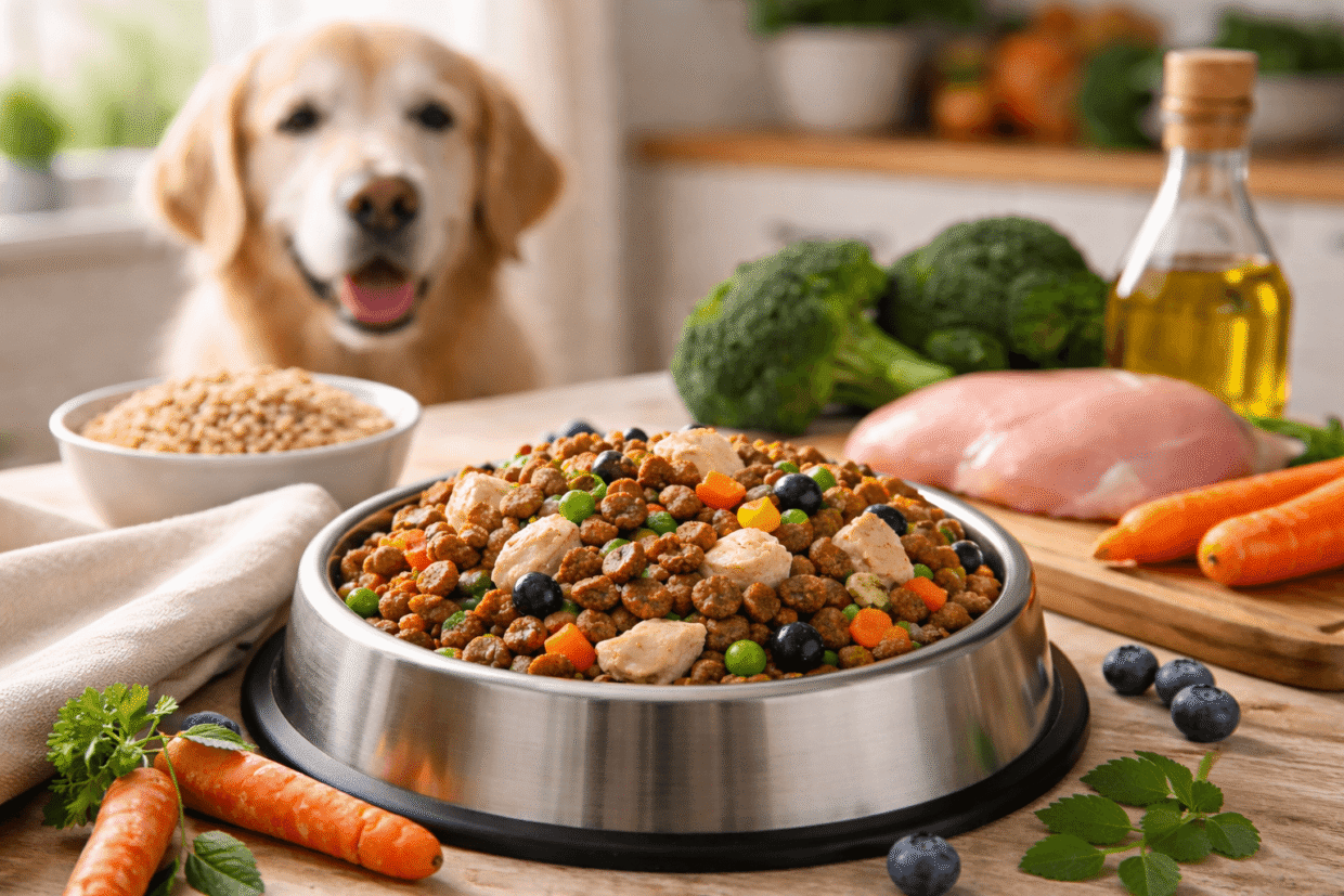 Senior dog beside a bowl of organic dog food with fresh natural ingredients in a home kitchen
