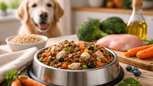 Senior dog beside a bowl of organic dog food with fresh natural ingredients in a home kitchen
