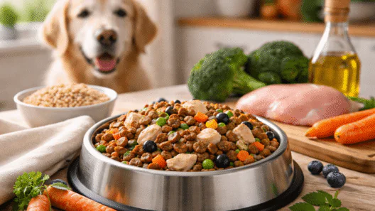 Senior dog beside a bowl of organic dog food with fresh natural ingredients in a home kitchen
