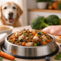 Senior dog beside a bowl of organic dog food with fresh natural ingredients in a home kitchen