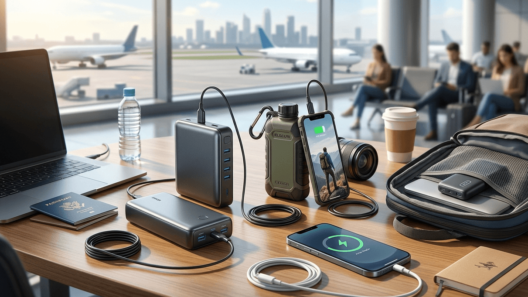 A curated collection of diverse portable power banks and connected electronic devices (laptop, smartphones, camera lens) charging simultaneously on a polished wooden table in a modern airport lounge overlooking a tarmac with airplanes and a city skyline.