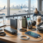 A curated collection of diverse portable power banks and connected electronic devices (laptop, smartphones, camera lens) charging simultaneously on a polished wooden table in a modern airport lounge overlooking a tarmac with airplanes and a city skyline.