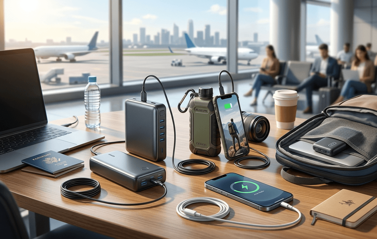 A curated collection of diverse portable power banks and connected electronic devices (laptop, smartphones, camera lens) charging simultaneously on a polished wooden table in a modern airport lounge overlooking a tarmac with airplanes and a city skyline.