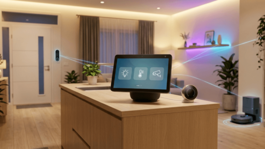 A modern open-plan kitchen island featuring an animated smart display hub connected by glowing blue lines to a smart doorbell, smart lighting, and a robot vacuum.