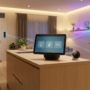 A modern open-plan kitchen island featuring an animated smart display hub connected by glowing blue lines to a smart doorbell, smart lighting, and a robot vacuum.