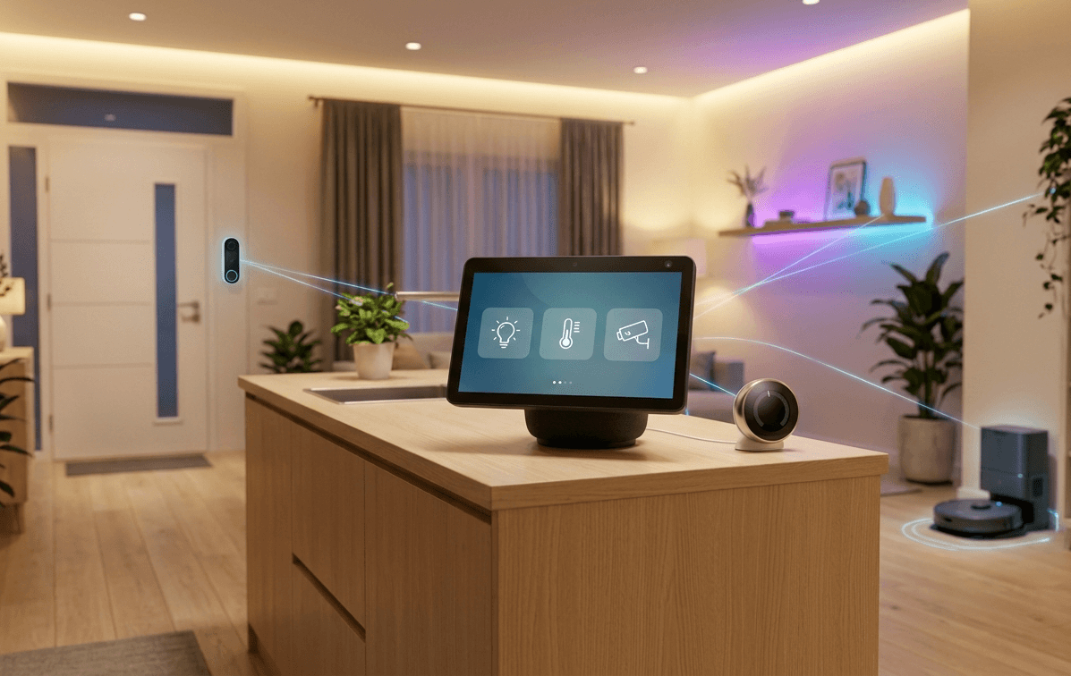 A modern open-plan kitchen island featuring an animated smart display hub connected by glowing blue lines to a smart doorbell, smart lighting, and a robot vacuum.