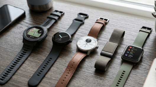 A diverse collection of top-rated smartwatches and fitness trackers for 2026, including rugged circular, sleek minimalist, hybrid analog, and fabric strap designs, laid out on a wooden desk.