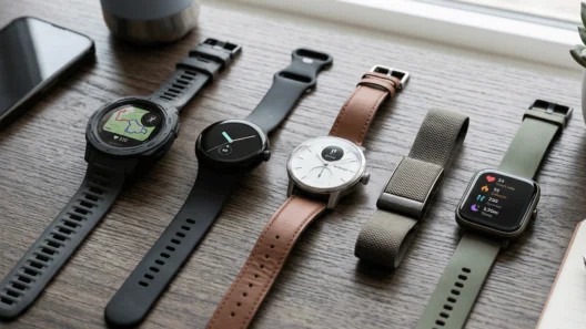 A diverse collection of top-rated smartwatches and fitness trackers for 2026, including rugged circular, sleek minimalist, hybrid analog, and fabric strap designs, laid out on a wooden desk.