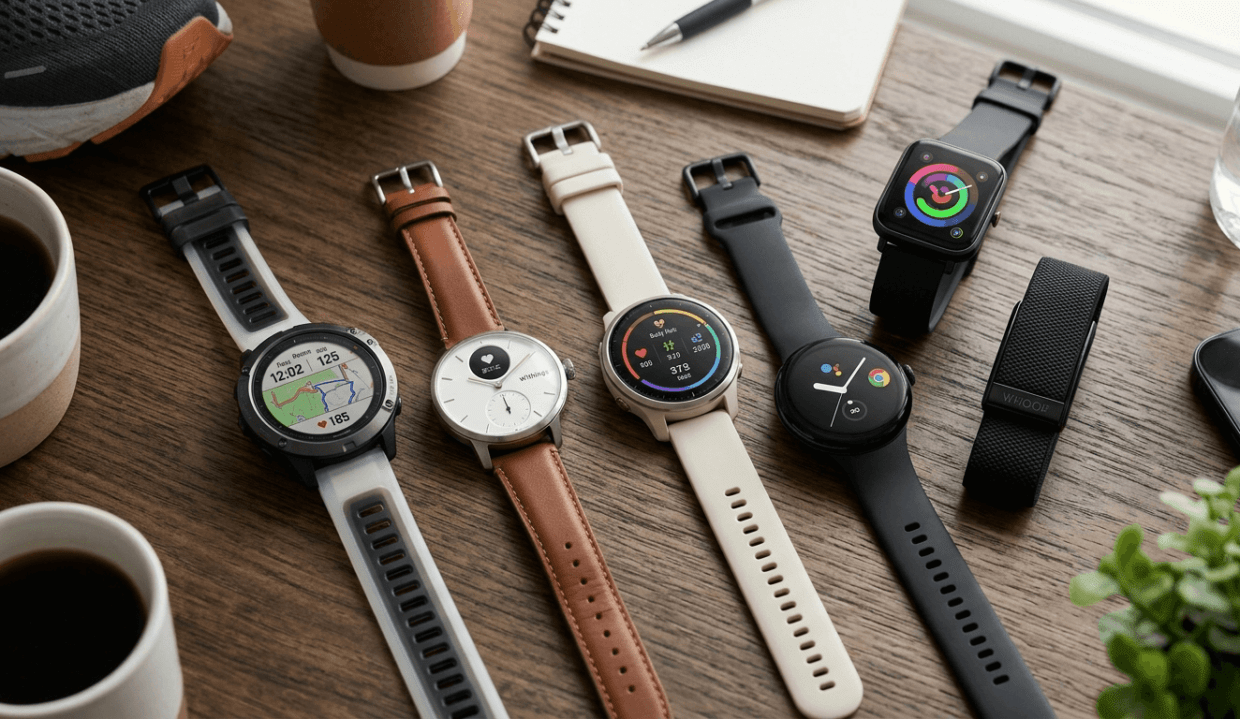 A collection of top-rated smartwatches and fitness trackers for 2026 including Garmin, WHOOP, and Pixel Watch on a professional wooden desk.
