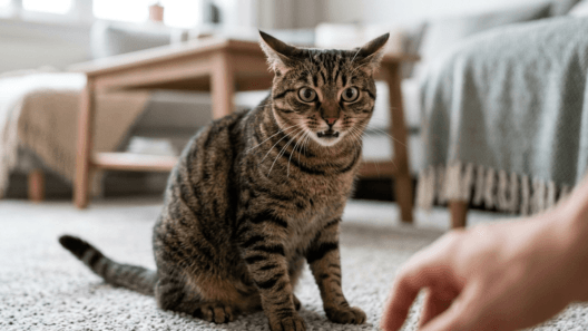 A domestic cat showing signs of aggression with dilated pupils and ears slightly back on a wooden floor.