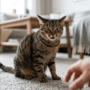 A domestic cat showing signs of aggression with dilated pupils and ears slightly back on a wooden floor.