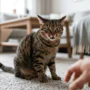 A domestic cat showing signs of aggression with dilated pupils and ears slightly back on a wooden floor.