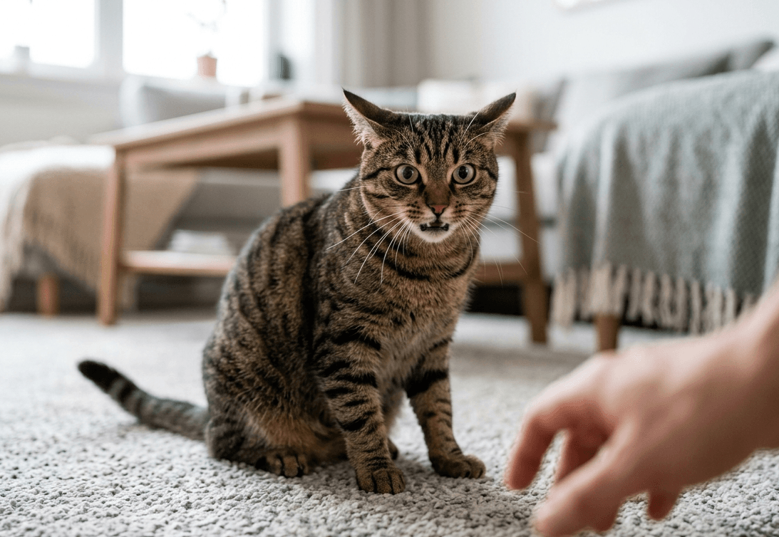 A domestic cat showing signs of aggression with dilated pupils and ears slightly back on a wooden floor.