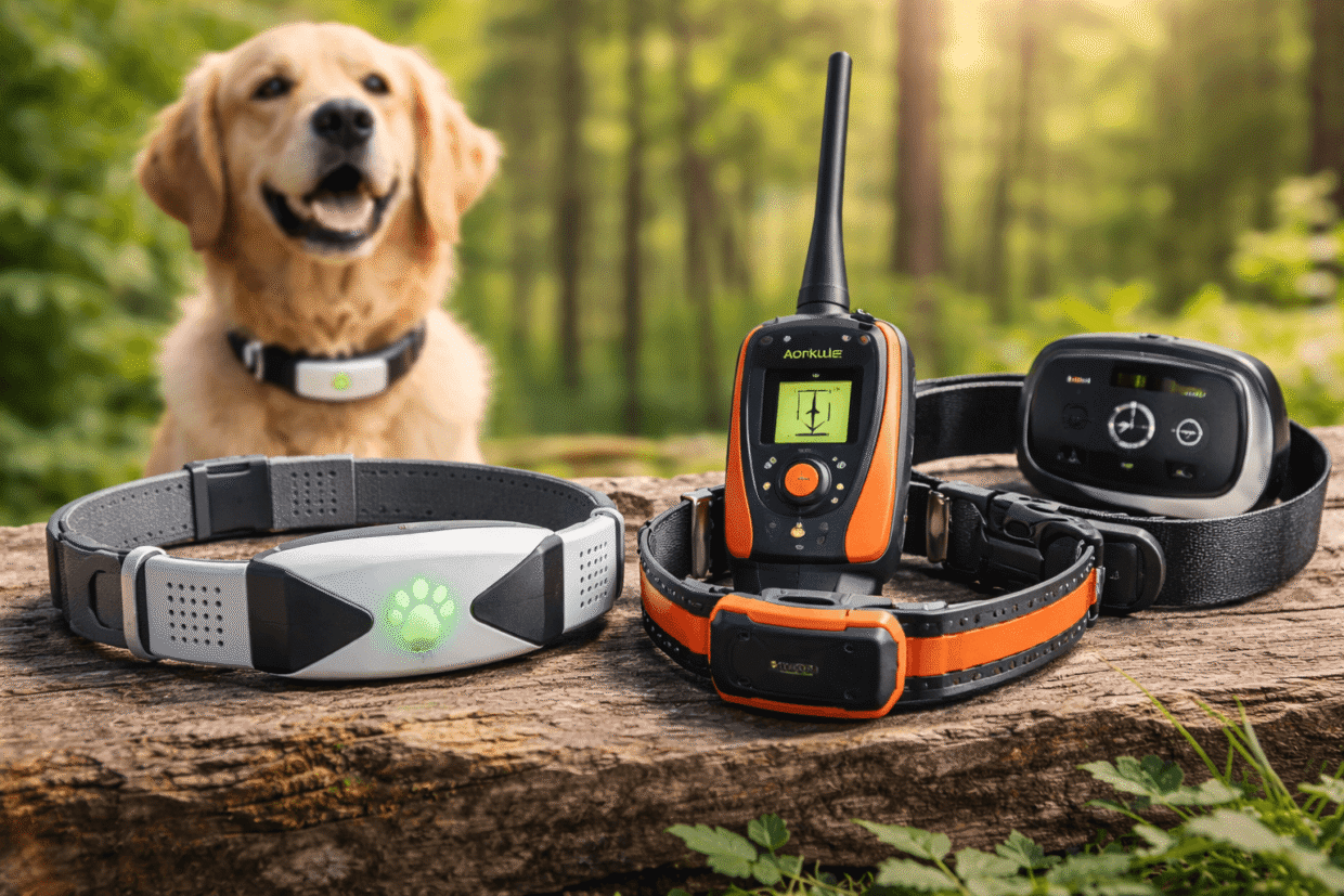 Three GPS dog tracking collars and pet safety devices displayed on a wooden surface outdoors with a golden retriever in the background