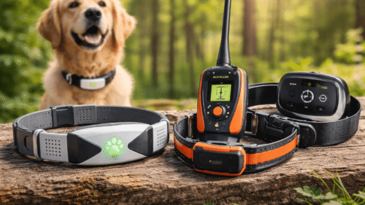 Three GPS dog tracking collars and pet safety devices displayed on a wooden surface outdoors with a golden retriever in the background