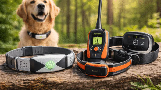 Three GPS dog tracking collars and pet safety devices displayed on a wooden surface outdoors with a golden retriever in the background
