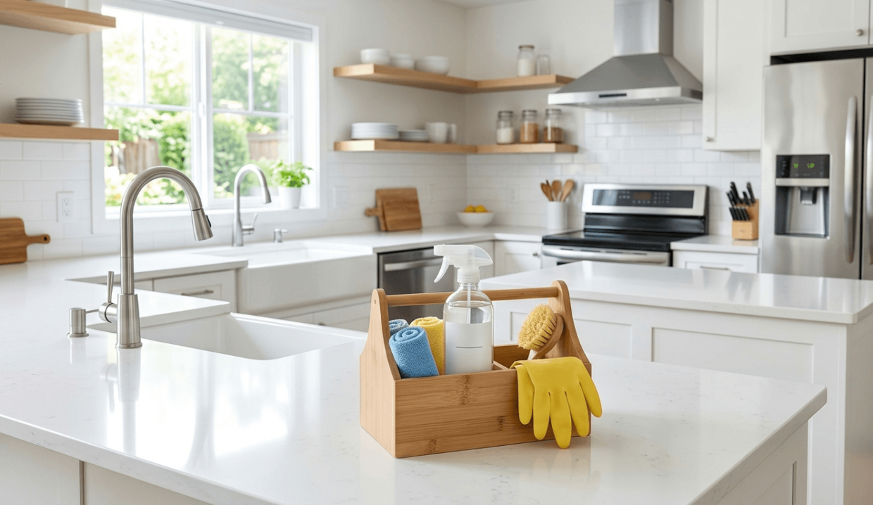 A bright modern white kitchen with a wooden cleaning caddy, spray bottle, and yellow rubber gloves on a white countertop.