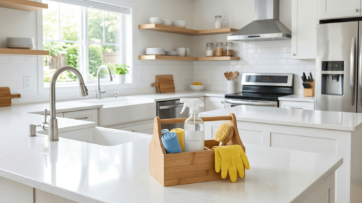 A bright modern white kitchen with a wooden cleaning caddy, spray bottle, and yellow rubber gloves on a white countertop.