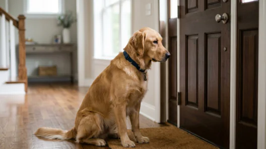 A sad-looking dog sitting by a front door waiting for its owner, illustrating separation anxiety.