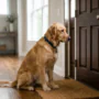 A sad-looking dog sitting by a front door waiting for its owner, illustrating separation anxiety.