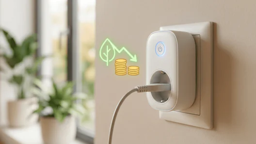 Close-up photograph of a modern smart plug inserted into a wall outlet, featuring a futuristic glowing graphic of a green leaf and descending coins indicating energy efficiency and cost savings.