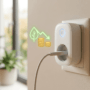 Close-up photograph of a modern smart plug inserted into a wall outlet, featuring a futuristic glowing graphic of a green leaf and descending coins indicating energy efficiency and cost savings.