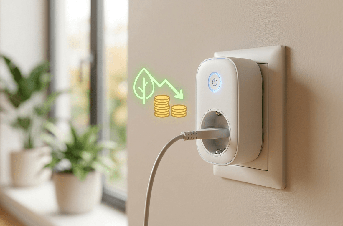 Close-up photograph of a modern smart plug inserted into a wall outlet, featuring a futuristic glowing graphic of a green leaf and descending coins indicating energy efficiency and cost savings.
