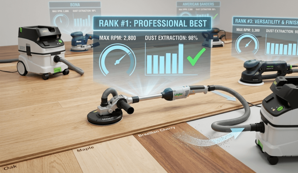 A technical visualization showcasing a comparison of top edge sander models in a professional test environment, highlighting the relationship between RPM and dust extraction efficiency with semi-transparent data overlays.