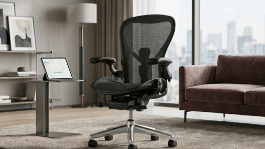 Lumbar Support Resistance Measured -A professional-grade black mesh ergonomic office chair with a reinforced lumbar support system, displayed in a modern, well-lit living room setting for high-end furniture analysis.