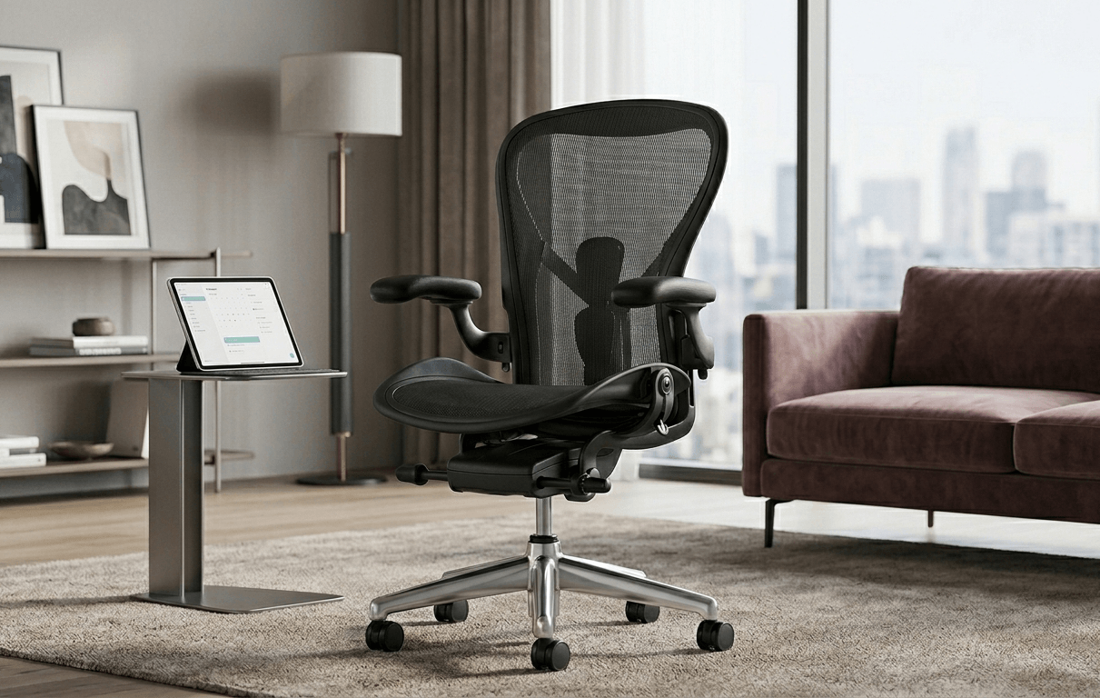 Lumbar Support Resistance Measured -A professional-grade black mesh ergonomic office chair with a reinforced lumbar support system, displayed in a modern, well-lit living room setting for high-end furniture analysis.