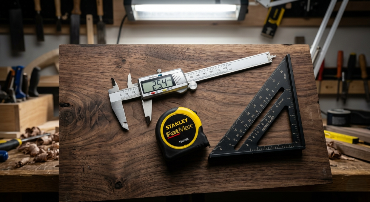 Professional measuring tools including digital calipers, a Stanley FatMax tape measure, and a black speed square on a walnut wood board.