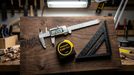 Professional measuring tools including digital calipers, a Stanley FatMax tape measure, and a black speed square on a walnut wood board.
