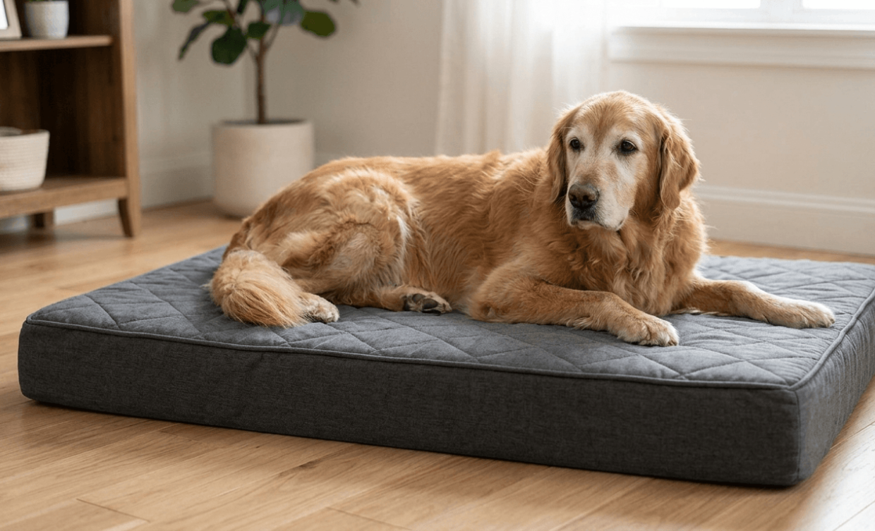 A senior golden retriever rests comfortably on a thick, grey quilted orthopedic mattress in a well-lit living room.