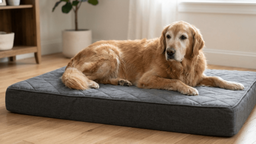 A senior golden retriever rests comfortably on a thick, grey quilted orthopedic mattress in a well-lit living room.