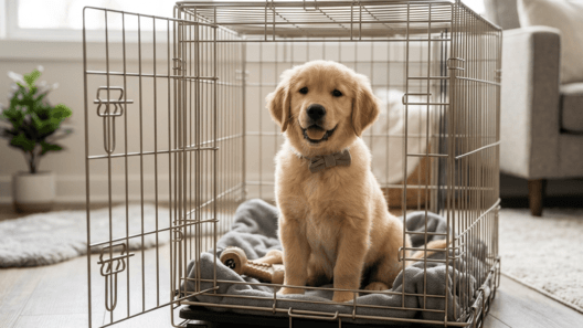 A adorable Golden Retriever puppy wearing a bowtie, sitting happily and calmly inside an open wire dog crate on a plush grey blanket. The crate is in a bright, modern living room.