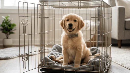A adorable Golden Retriever puppy wearing a bowtie, sitting happily and calmly inside an open wire dog crate on a plush grey blanket. The crate is in a bright, modern living room.