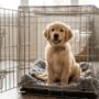 A adorable Golden Retriever puppy wearing a bowtie, sitting happily and calmly inside an open wire dog crate on a plush grey blanket. The crate is in a bright, modern living room.