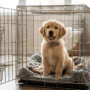 A adorable Golden Retriever puppy wearing a bowtie, sitting happily and calmly inside an open wire dog crate on a plush grey blanket. The crate is in a bright, modern living room.