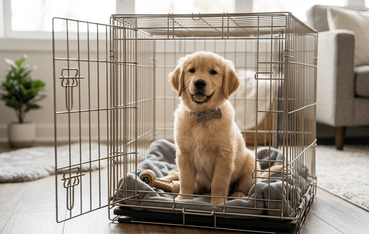 A adorable Golden Retriever puppy wearing a bowtie, sitting happily and calmly inside an open wire dog crate on a plush grey blanket. The crate is in a bright, modern living room.