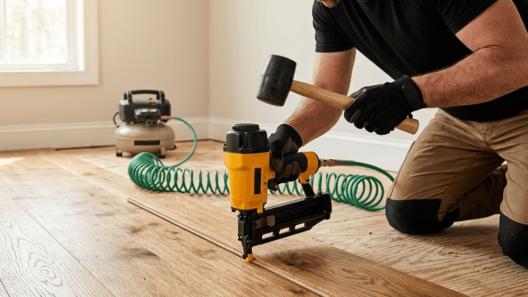 A photorealistic close-up of an experienced installer, wearing work gloves, kneeling on an oak floor, gripping a large pneumatic flooring nailer and mallet in mid-swing.