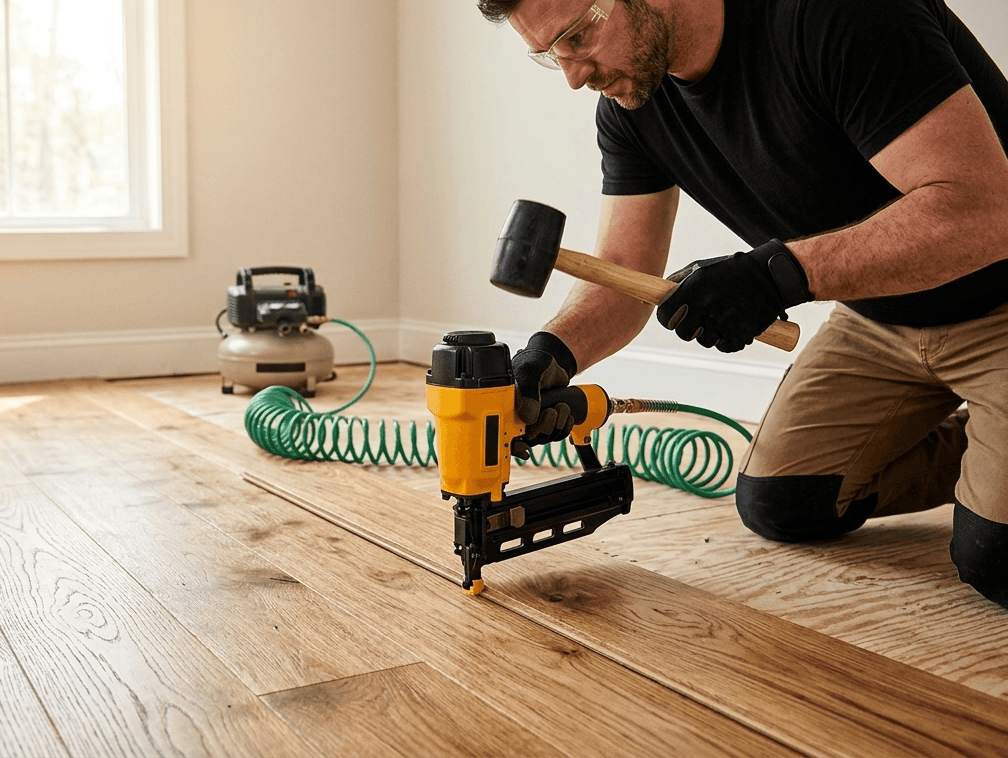 A photorealistic close-up of an experienced installer, wearing work gloves, kneeling on an oak floor, gripping a large pneumatic flooring nailer and mallet in mid-swing.
