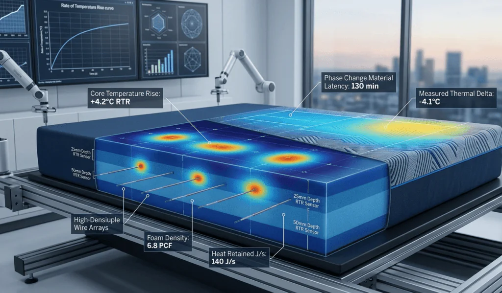 A technical visualization of a high-density blue foam mattress undergoing a scientific heat retention test. The image displays two distinct data-driven overlays: a deep blue-to-orange thermal heatmap analyzing the core temperature rise (+4.2°C RTR) and foam density (6.8 PCF) near embedded sensors at 25mm and 50mm depths, and a separate surface gradient heatmap showing Phase Change Material latency (130 min) and a measured thermal delta (-4.1°C). The mattress is depicted on a specialized testing rig within a modern, data-integrated laboratory, with natural daylight from a city-bokeh window balanced by clinical lighting. No explicit branding is on the mattress, and all technical call-out metrics are precise and clean. The view is a detailed medium-wide 3/4 front shot.